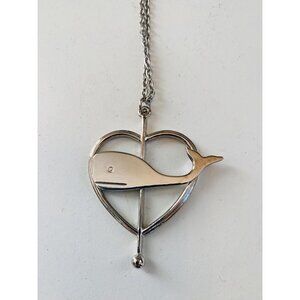 Vintage Whale in Heart Silver Tone Necklace, 1980s Nautical Costume Jewelry